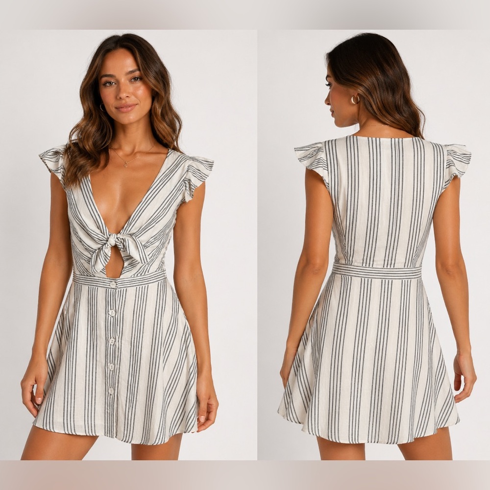Gianni Bini Beige Gray Striped  Bow Tie Front Cutout Mini Dress Flutter Sleeve M